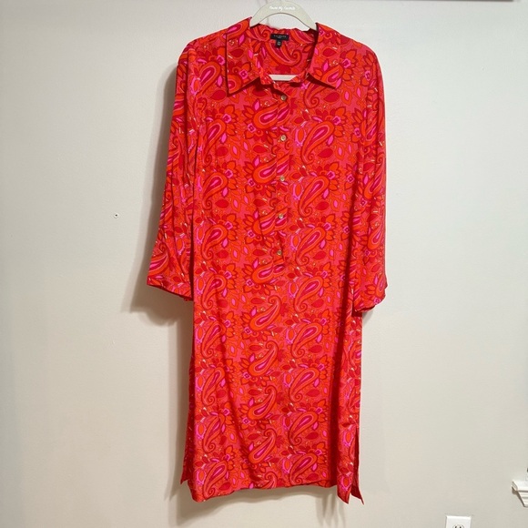 Talbots Dresses & Skirts - Talbots 100% Silk Paisley‎ Shirt Dress Midi Size 12W Pink Red Orange Coral